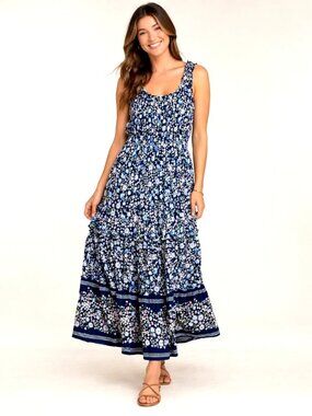 NWT Lucky Brand Blue Floral Tiered Maxi Dress S Boho Cottagecore Summer Flowy